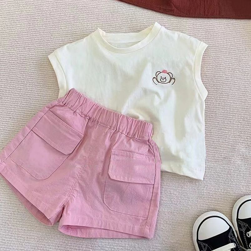 Bộ Áo Thun Cotton Sát Nách + Quần Short Thể Thao Thời Trang Mùa Hè Hàn Quốc Cho Bé Gái