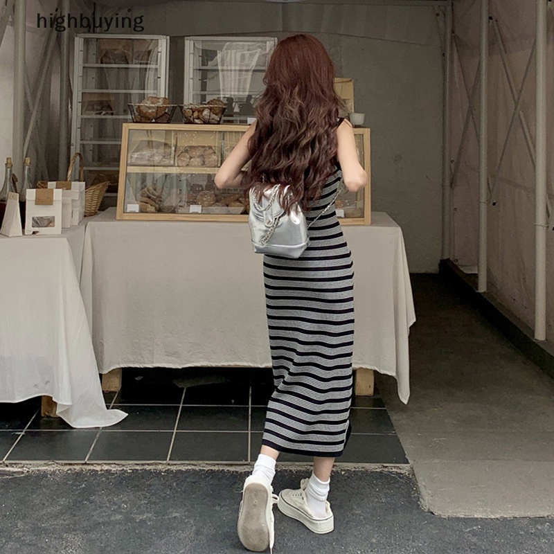 Đầm Dệt Kim Ôm Dáng Không Tay Họa Tiết Kẻ Sọc Phong Cách Retro Hàn Quốc Cho Nữ