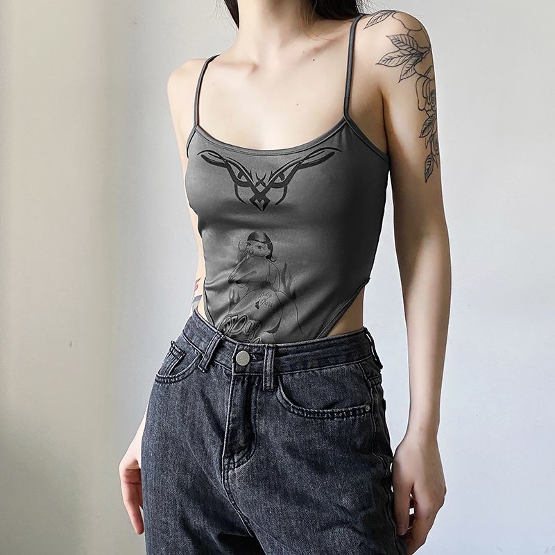 [F &amp; X] Áo Hai Dây Dáng Ngắn In Hình Cô Gái Nóng Bỏng Phong Cách Retro Đường Phố Cá Tính