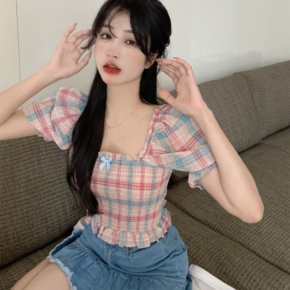 Áo Kiểu Tay Phồng Họa Tiết Sọc Caro Phong Cách Pháp