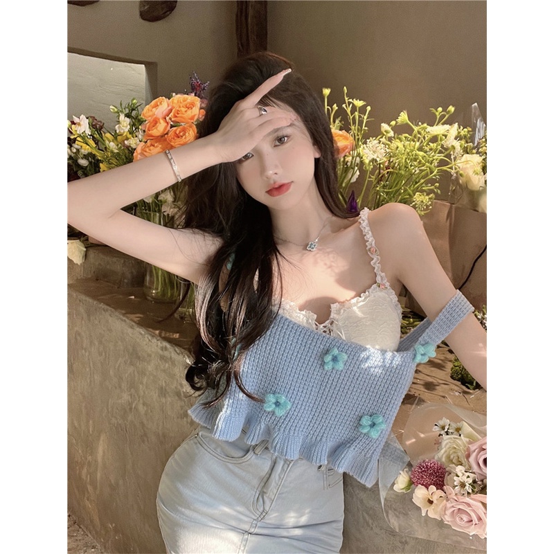 Áo Dệt Kim Hai Dây Xếp Nếp Ba Chiều Màu Trơn Họa Tiết Hoa Nhỏ Tươi Tắn Sang Trọng Dành Cho Bạn Nữ