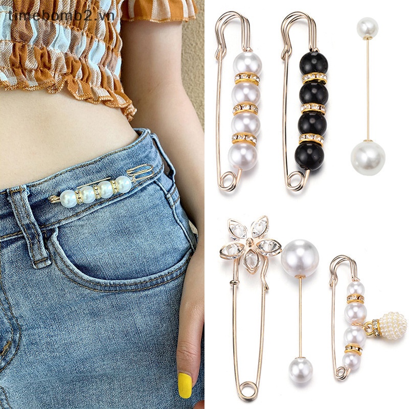 {Timebomb} Set 10 Ghim Cài Thắt Lưng Đính Ngọc Trai Chống Ánh Sáng Mở Đáy