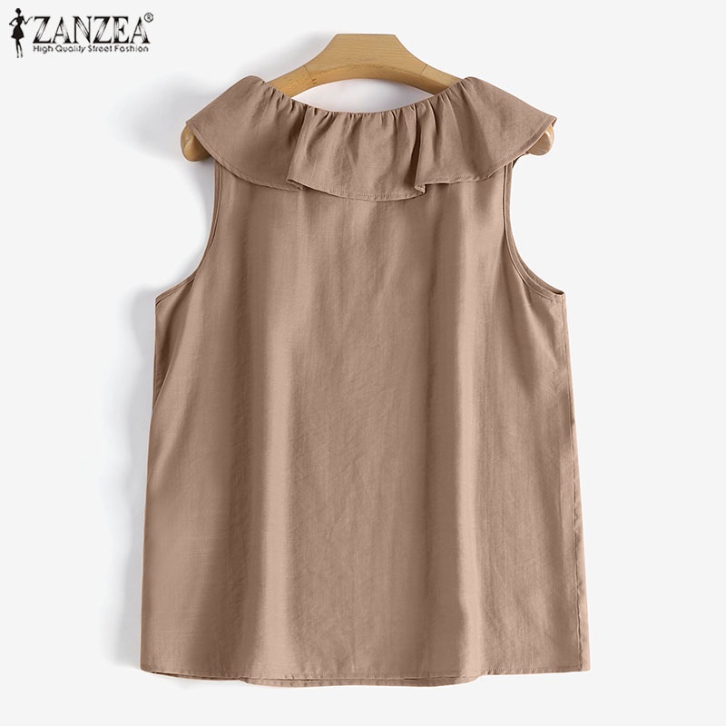 Áo tanktop ZANZEA không tay nhún bèo cổ chữ V phong cách Hàn Quốc cho nữ