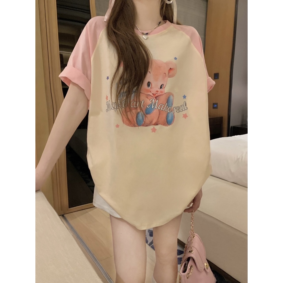 Áo Thun Tay Ngắn Cổ Tròn In Hình Gấu Dễ Thương Phong Cách vintage Dành Cho Nữ