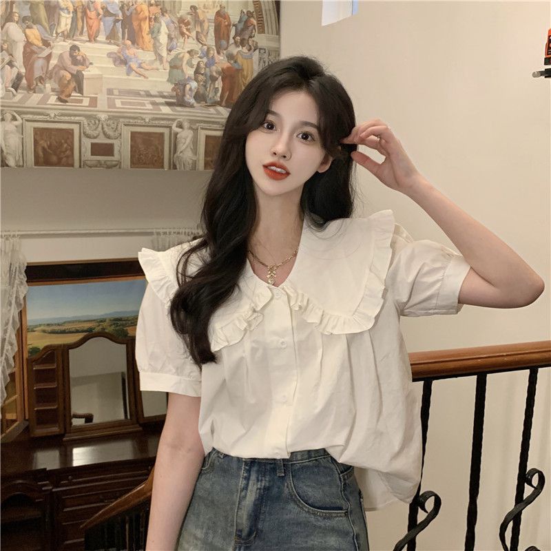 Áo Sơ Mi Tay Ngắn Dáng Rộng Cổ Búp Bê Thời Trang Cho Nữ