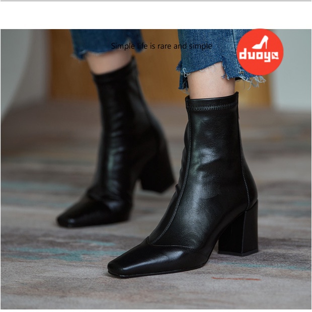 Duoya Thẳng Hàng Từ Nhà Máy ~ [Hàng Có Sẵn] Giày Bốt Cao Gót Cổ Ngắn Mỏng Màu Nâu Phong Cách Retro Thu Đông Cho Nữ