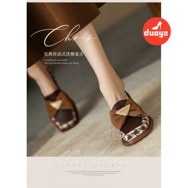 Duoya Tóc Thẳng ~  Giày Lười Đế Dày Mũi Vuông Đính Nơ Phong Cách Anh Quốc Cho Nữ Miễn Phí Vận Chuyển