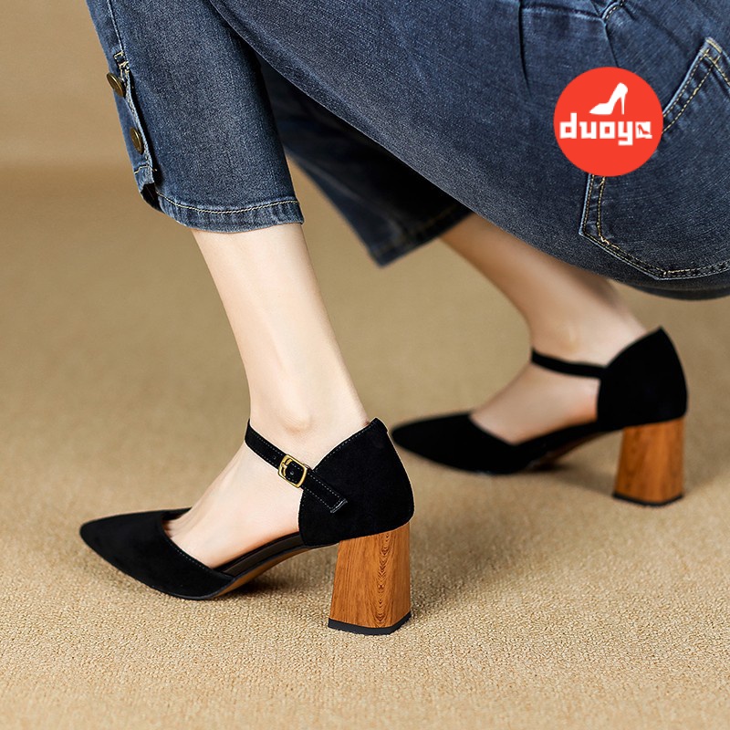 Duoya Tóc Thẳng ~ [Hàng Có Sẵn] Giày Cao Gót Mũi Nhọn Dày Dặn Bằng Da Mềm Có Khóa Cài Thời Trang Xuân Hè Cho Nữ Miễn Phí Vận Chuyển