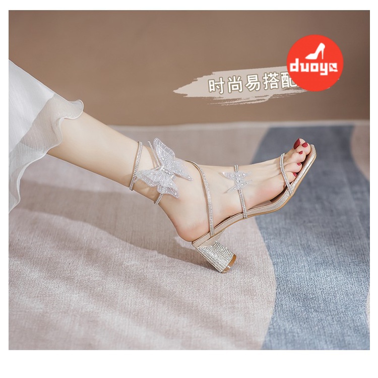 Duoya Tóc Thẳng ~ [Hàng Có Sẵn] Giày Sandal Cao Gót Một Dây Quấn Đế Dày Đính Đá Mùa Hè Cho Nữ Miễn Phí Vận Chuyển