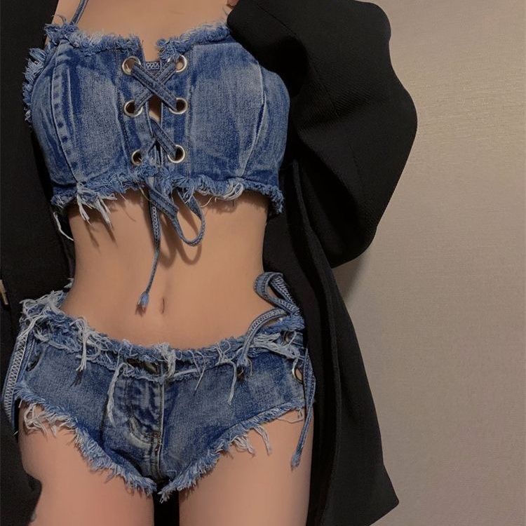 Bộ Đồ Bơi Nâng Ngực Vải Denim Phong Cách Âu Mỹ Quyến Rũ Cho Nữ
