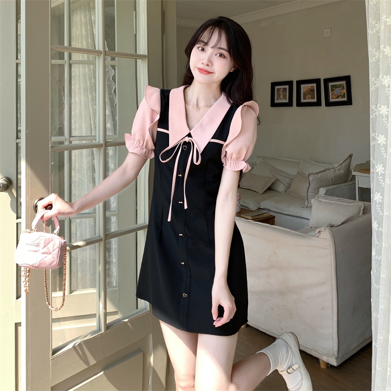Đầm mini Tay Phồng Cài Nút Màu Đen / Hồng Phong Cách Hàn Quốc Thời Trang Mùa Hè Xinh Xắn Cho Nữ