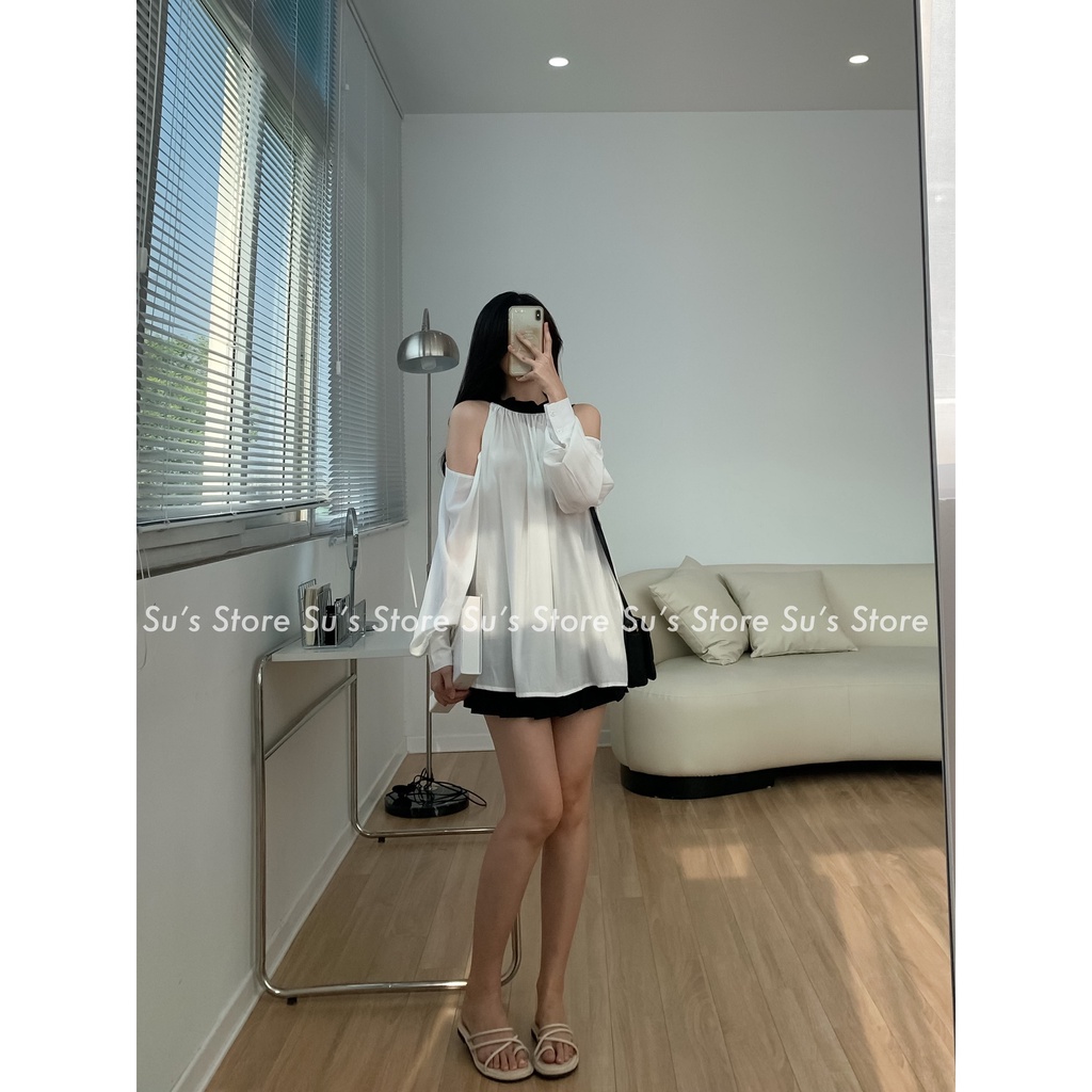 Áo sơ mi voan khoét vai dây buộc nơ A2731 SUSTORE