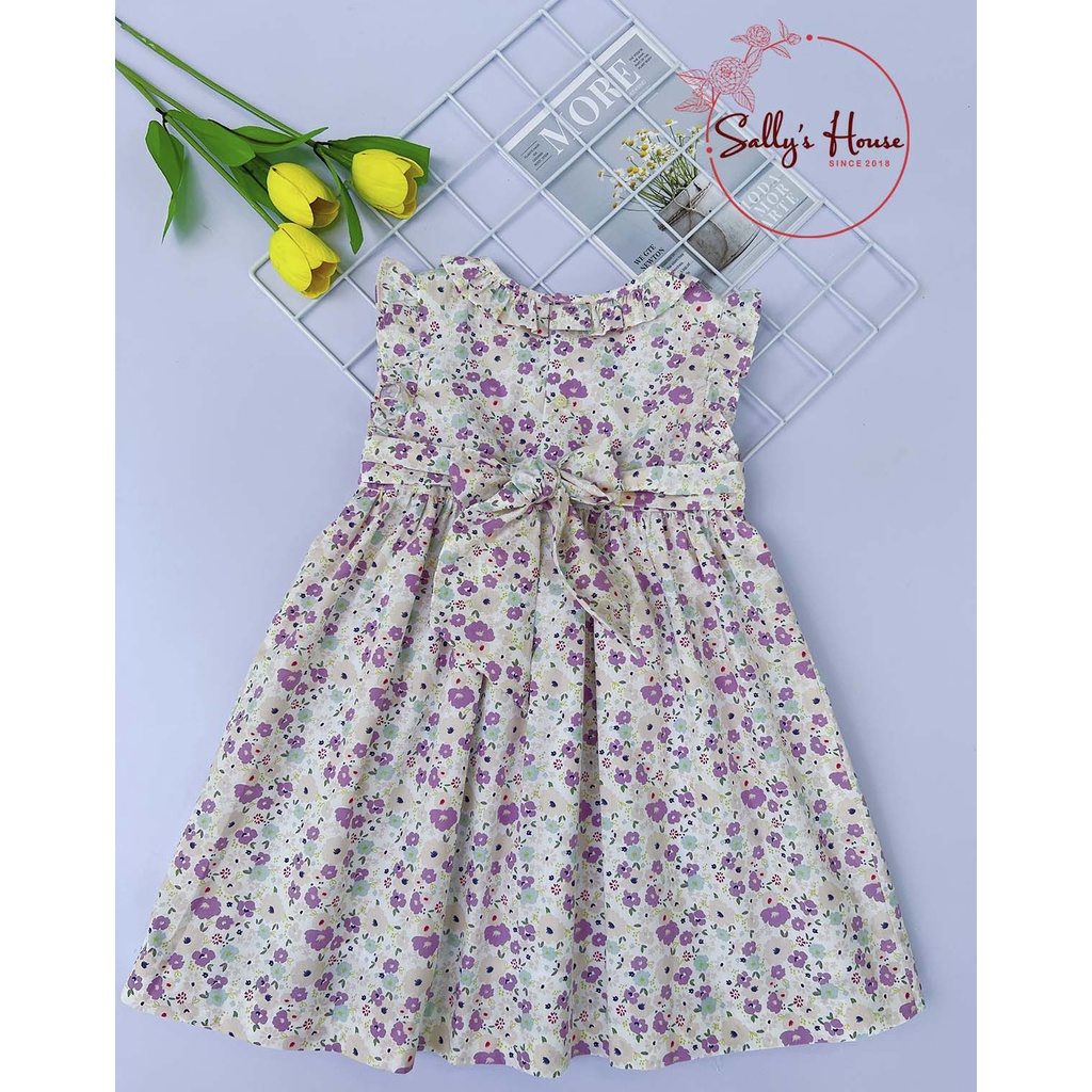 Đầm cho bé gái, đầm smock hoa tím, cổ bèo, đầm xích móc cho bé gái, vải cotton mềm mịn, đầm hai lớp.