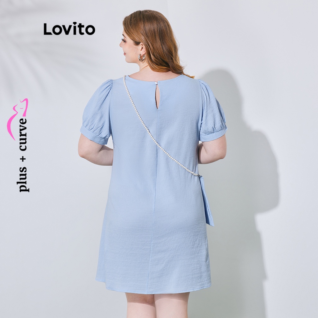 Đầm Lovito dáng chữ A tay ngắn cổ tròn phối lai bèo xếp nếp màu trơn plus size cho nữ LPS08067 (màu xanh dương)