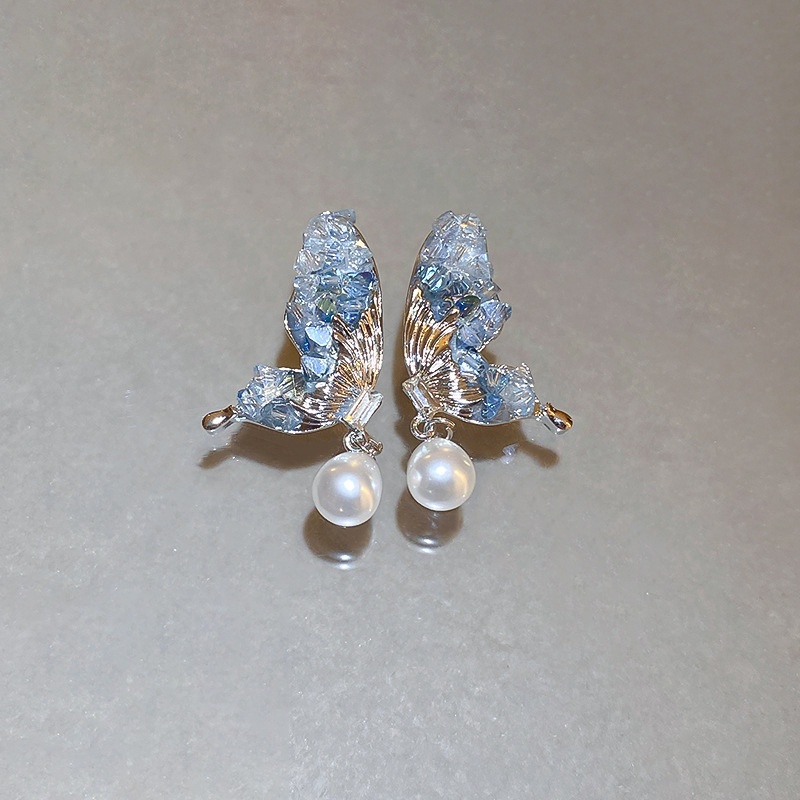 Bông Tai Hình Giọt Nước Đính Ngọc Trai &amp; Pha Lê Hình Bướm Kiểu Hàn Quốc Sang Trọng Thời Trang Cho