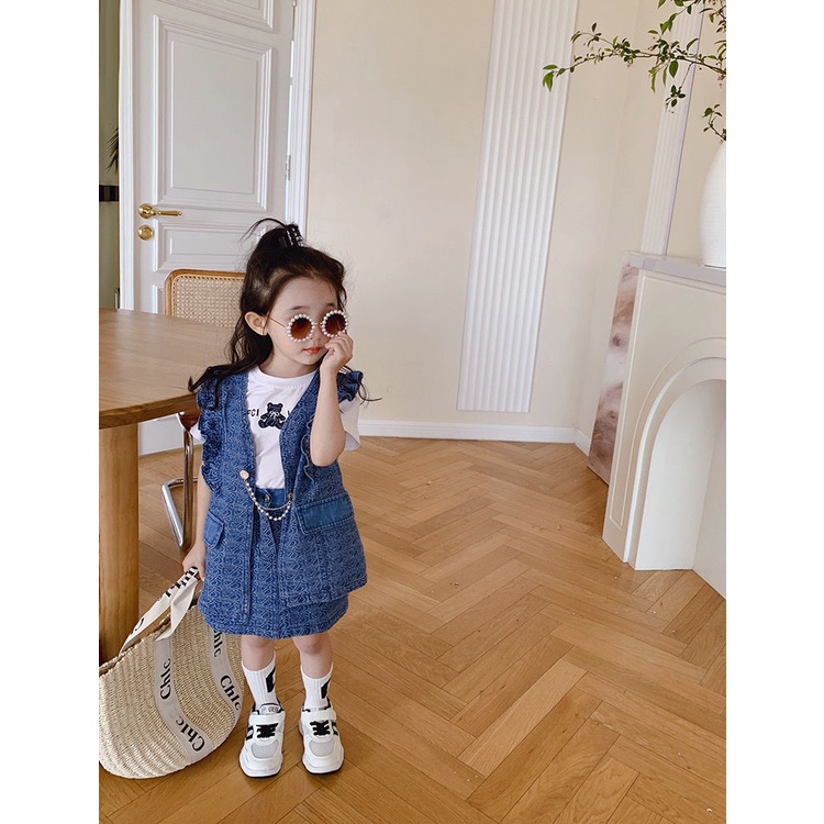 Bộ Đồ Denim 3 Món Thoáng Khí Thoải Mái Phong Cách Hàn Quốc Thời Trang Mùa Hè Cho Bé Gái