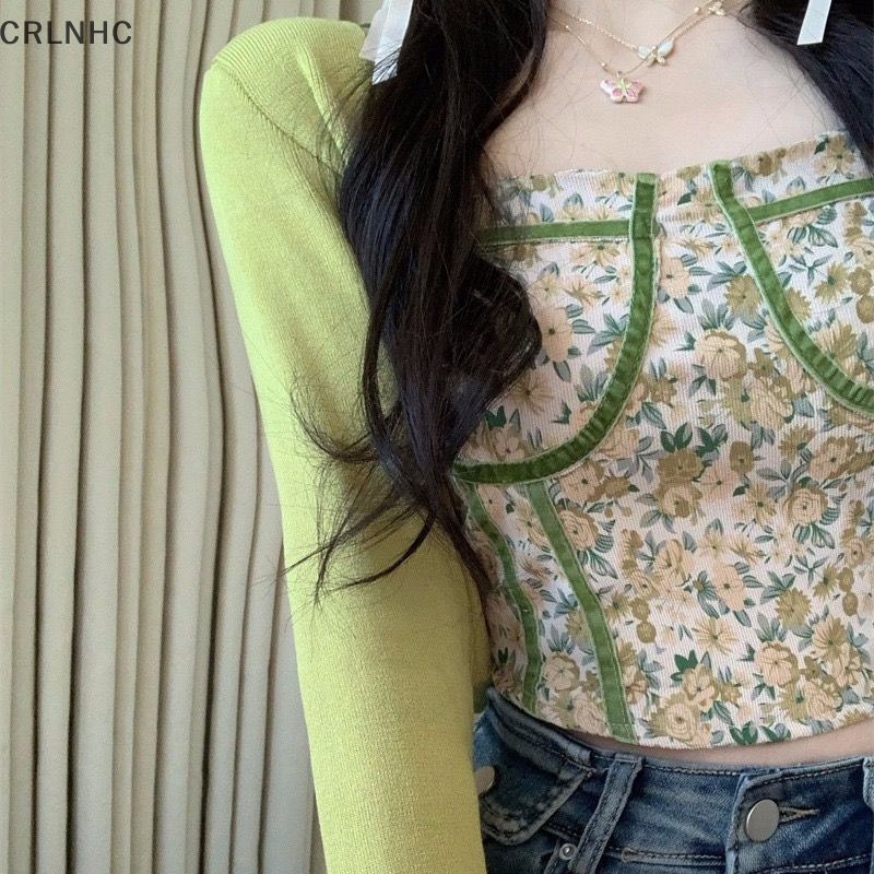 CRLNHC Áo Crop Top Không Dây Dáng Ôm In Hoa Phong Cách Vintage 2023 Y2k vn