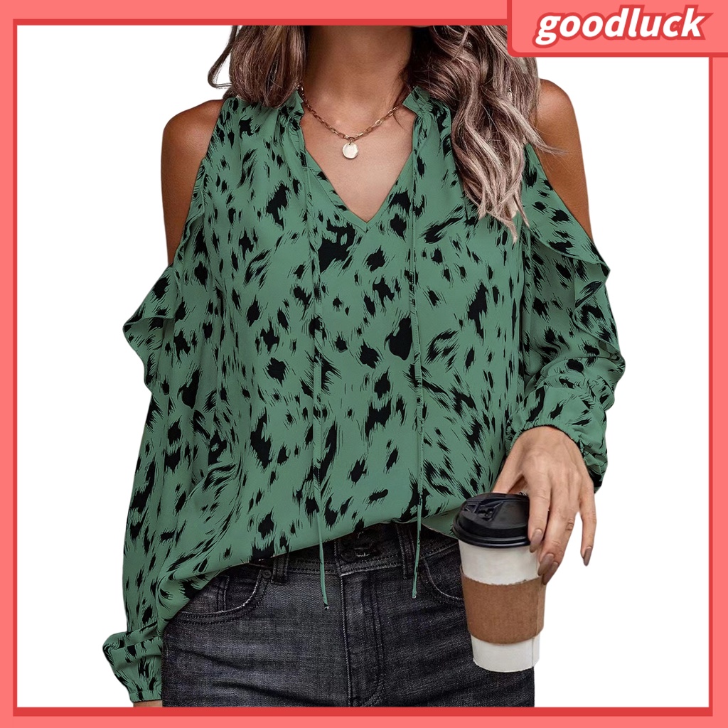 Áo Kiểu Trễ Vai Tay Dài Cổ Chữ V Phối Bèo Màu Sắc Tương Phản Thời Trang Xuân Hè Cho Nữ