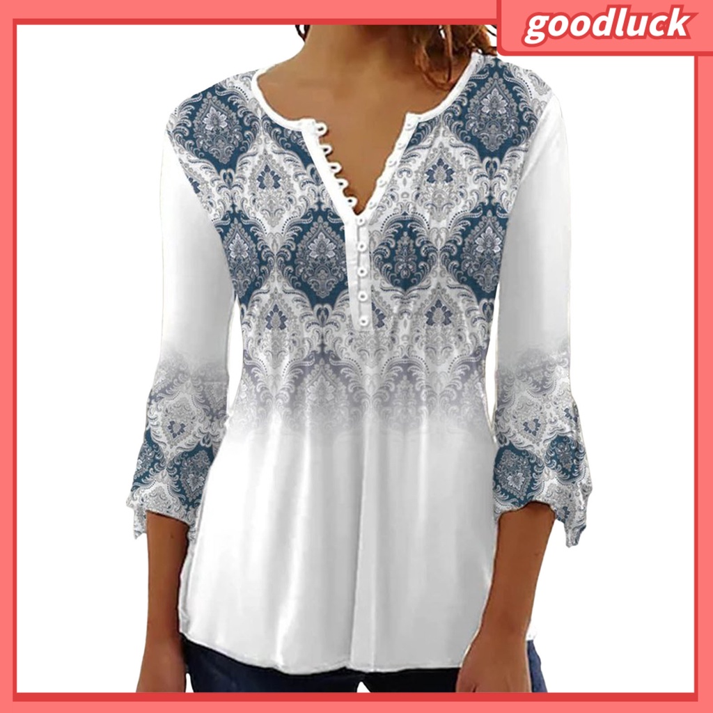 [ULK] Áo Sơ Mi Tay Lửng Dáng Rộng Cổ Chữ V In Hoa Một Hàng Nút Thời Trang Xuân Hè