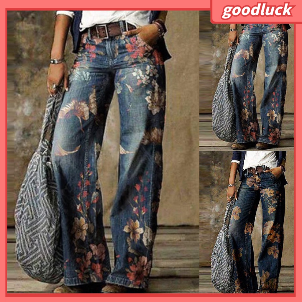 Quần Jean Dài Ống Rộng Lưng Cao In Họa Tiết Hoa Phong Cách Cổ Điển Thời Trang Cho Nữ
