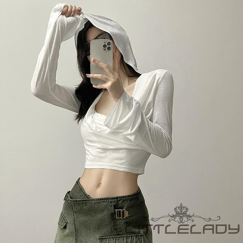 Áo Croptop Tay Dài Có Nón Màu Sắc Đơn Giản Cho Nữ