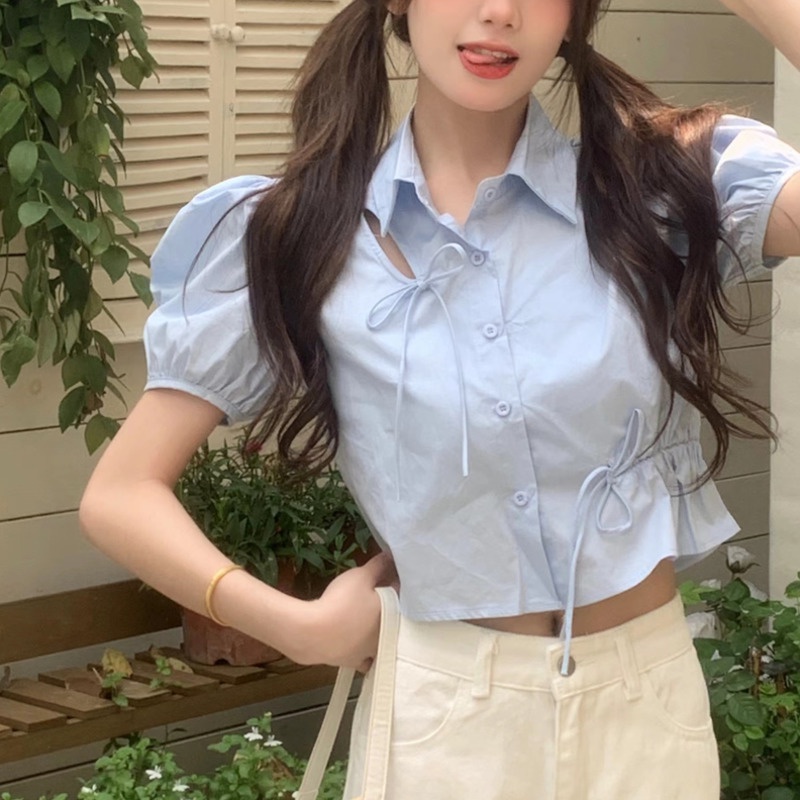 Áo Sơ Mi Tay Ngắn Phồng Phối Dây Rút Thiết Kế Mới Xinh Xắn Thời Trang