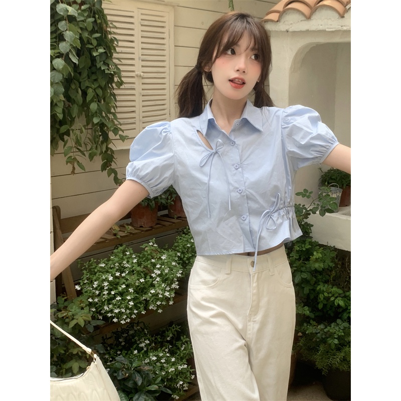 Áo Kiểu Tay Ngắn Cổ Polo Thiết Kế Dây Rút Thời Trang Mùa Hè Phong Cách Mới Cho Nữ