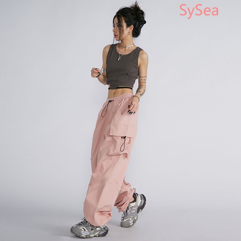 Quần Dài Lưng Cao Dáng Rộng Phối Túi Cá Tính Cho Nữ