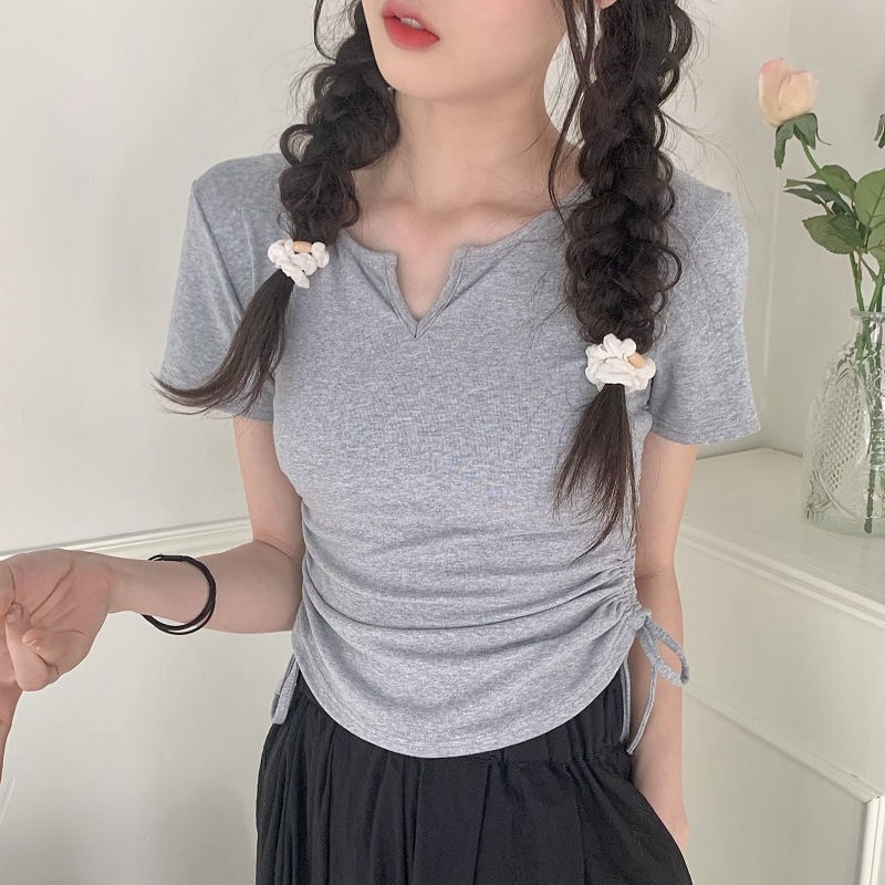 COZOK Áo Thun Ngắn Tay Cổ Chữ V Rút Dây Thời Trang Nữ