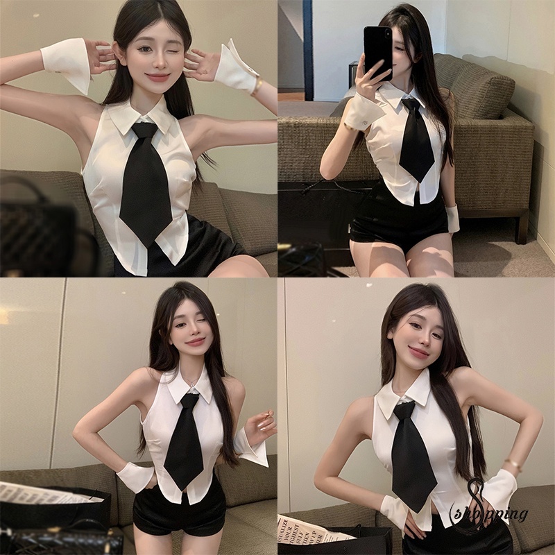 Áo Sơ Mi Không Tay Phối Cà Vạt Thời Trang Mùa Hè Hàn Quốc Ngọt Ngào