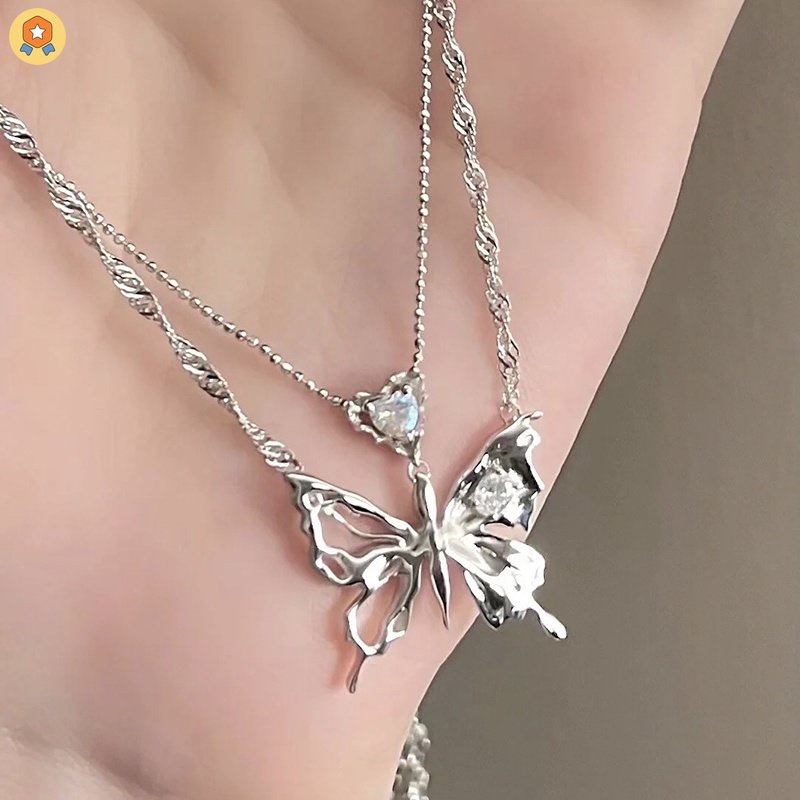 Vòng cổ Hai Lớp Mặt Hình Trái Tim Và Bướm Phong Cách Hip Hop Kpop Cho Nữ HGF HYJP2