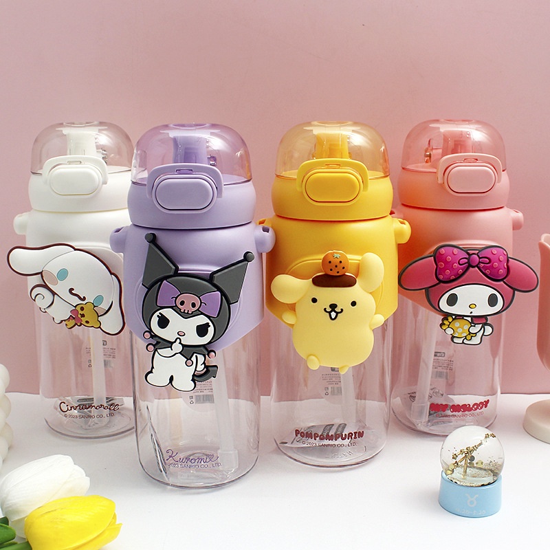 SANRIO Bình Nước Giữ Nhiệt 600ml Bằng Nhựa Họa Tiết Hoạt Hình Cinnamoroll Kuromi Melody Dễ Thương Cho Bé