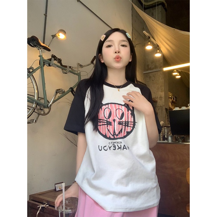 Áo Thun Raglan Tay Ngắn In Họa Tiết Hoạt Hình Phong Cách Hàn Quốc Thời Trang Mùa Hè Cho Nữ