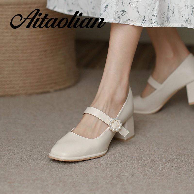 Giày Cao Gót 5Cm Da Mềm Mũi Vuông Đính Khóa Ngọc Trai Chống Trượt Phong Cách Anh Quốc