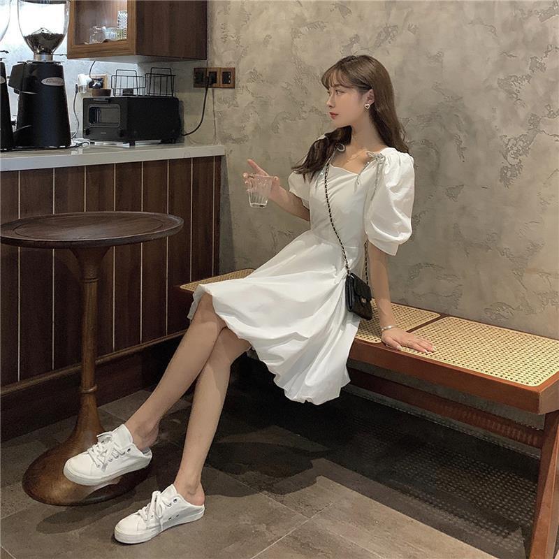 Đầm Chữ A Tay Ngắn Phồng Cổ Vuông Thắt Nơ Dáng Ôm Thời Trang Mùa Hè Hàn Quốc Mới