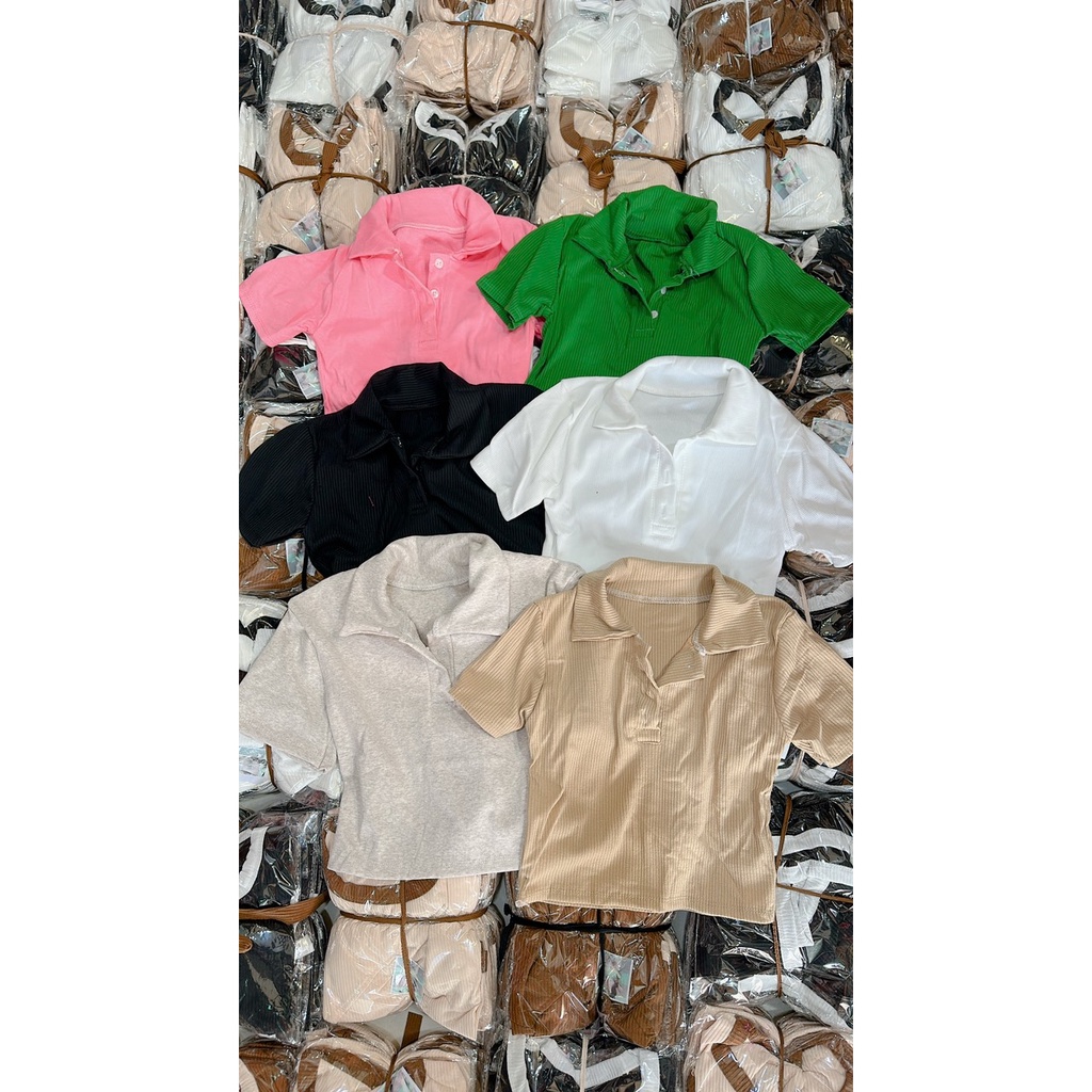 Áo Ngắn Thun Gân Cổ Bẻ Kèm Gài Nút Ngắn Tay Xinh Xắn TTVV0471