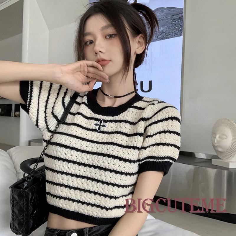 Áo Thun Dệt Kim Tay Ngắn Cổ Tròn Thêu Họa Tiết Kẻ Sọc Thời Trang Mùa Hè Cho Nữ