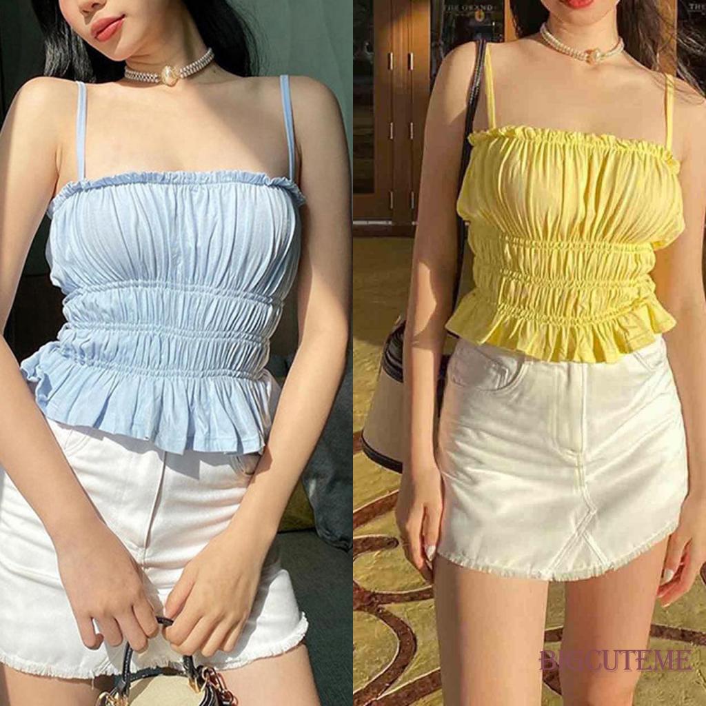 [] Áo Babydoll Hai Dây Viền Bèo Nhún Thời Trang Mùa Hè Cho Nữ