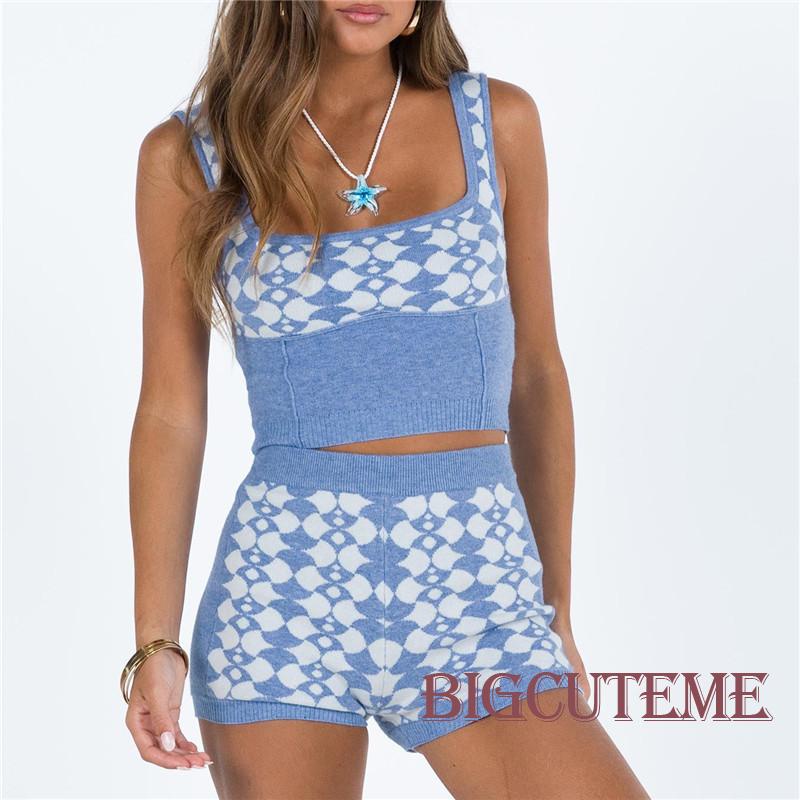 Set Đồ Mùa Hè 2 Món Gồm Áo Crop Top Không Tay + Quần Ngắn Dệt Kim Lưng Cao Cho Nữ