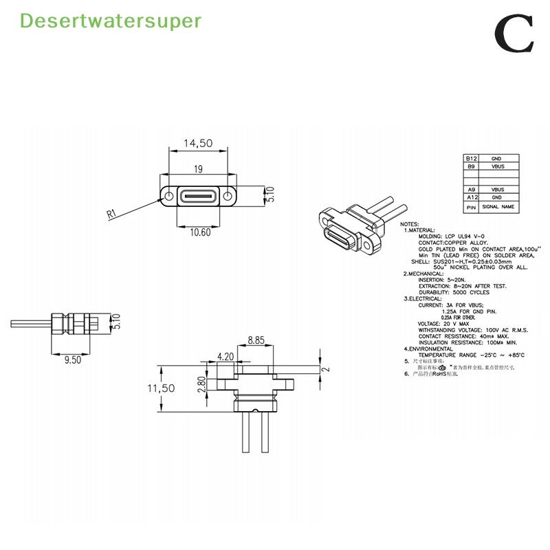 Cổng Sạc Nhanh Type C 2 Chấu Chống Thấm Nước Tiện Lợi