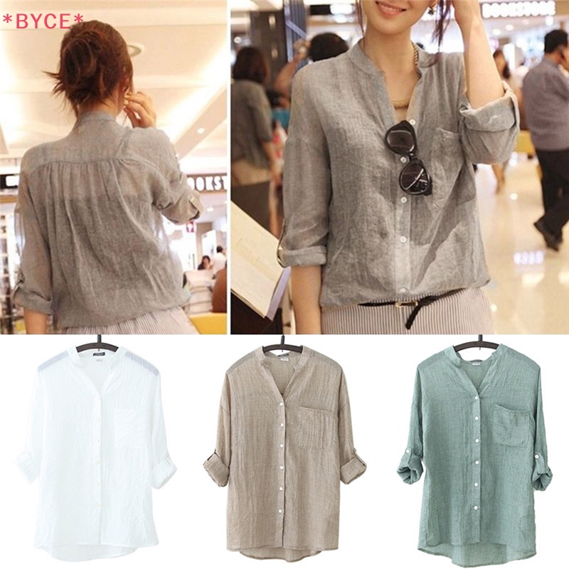 Áo Sơ Mi Tay Dài Dáng Rộng Bằng Vải Lanh Thời Trang Mùa Thu Cho Nữ Mới