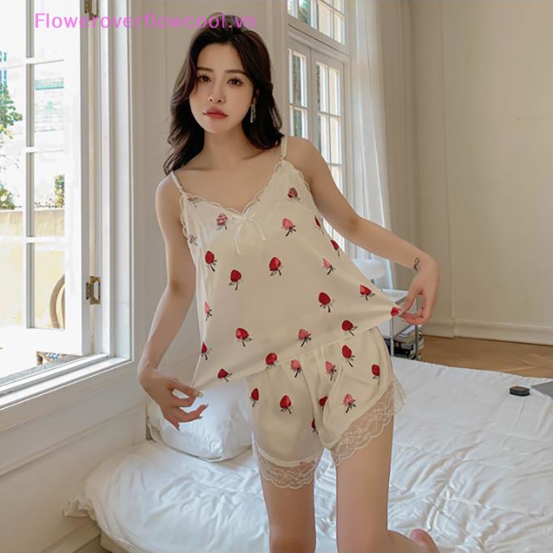 FOFC Pajamas Women's Summer Thin Ice Silk Suspenders Shorts Two-piece Sexy Open Shoulder Strap Bra Love Home Suit HOT