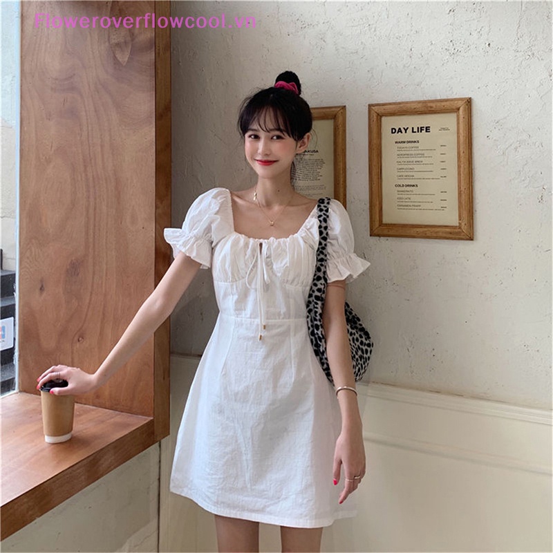 Đầm ulzzang Công Chúa Mini Cổ Vuông Tay Ngắn Màu Trắng Dễ Thương Phong Cách Retro Mùa Hè Cho Nữ