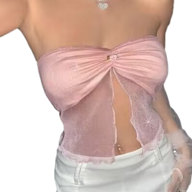 Xiangbao Áo Crop Top Dạng Lưới Không Tay Xẻ Tà Trước Ngực Gợi Cảm Y2K Off Shoul Cho Nữ