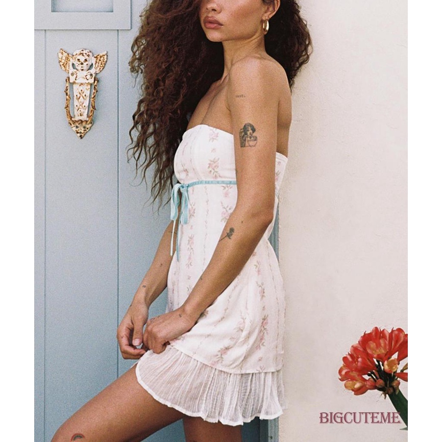 [] - Đầm Mini Y2K Hở Vai Viền Bèo Nhún In Hoa Kiểu Pháp Cổ Điển Dễ Thương