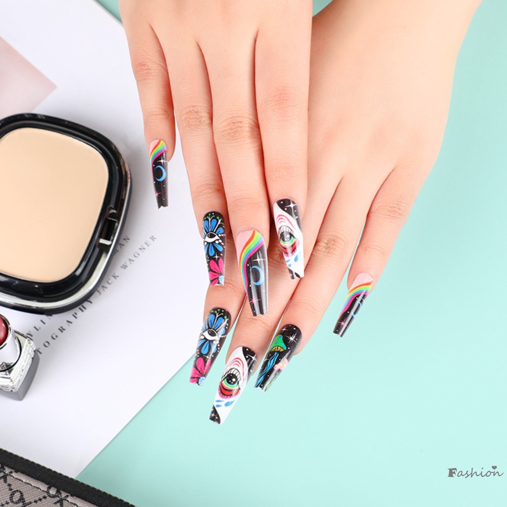 Móng Tay Giả Mỏng Che Phủ Toàn Diện Họa Tiết Hoa Nhiều Màu Sắc