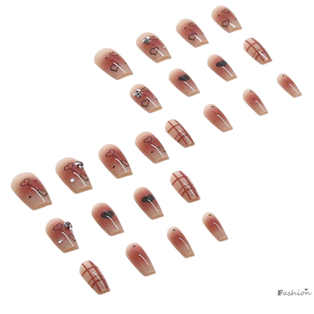 Móng Tay Giả Mỏng Che Phủ Toàn Diện Họa Tiết Trái Tim Kẻ Sọc