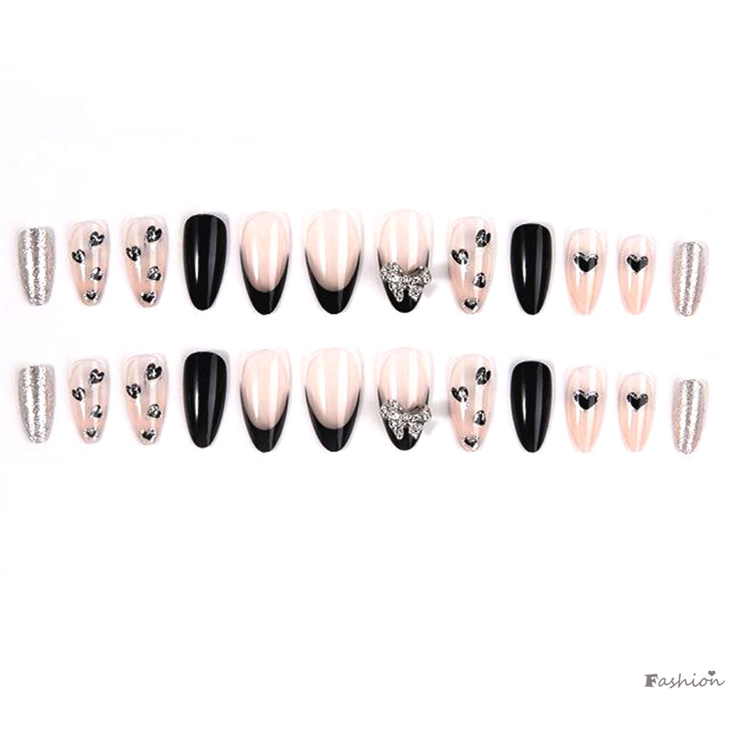 Móng Tay Giả Chống Nhòe Màu Tối Đính Nơ Xinh Xắn