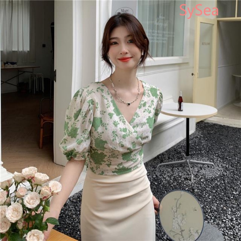 Áo Kiểu Cổ Chữ V Hở Lưng Thắt Nơ Họa Tiết Hoa Nhí Xinh Xắn Thời Trang Hè Cho Nữ