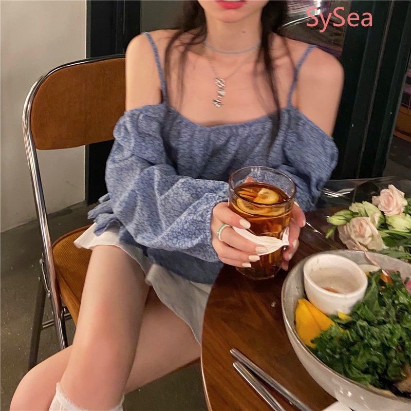 Áo Sơ Mi Trễ Vai Dài Tay Họa Tiết Hoa Thời Trang Pháp Cho Nữ